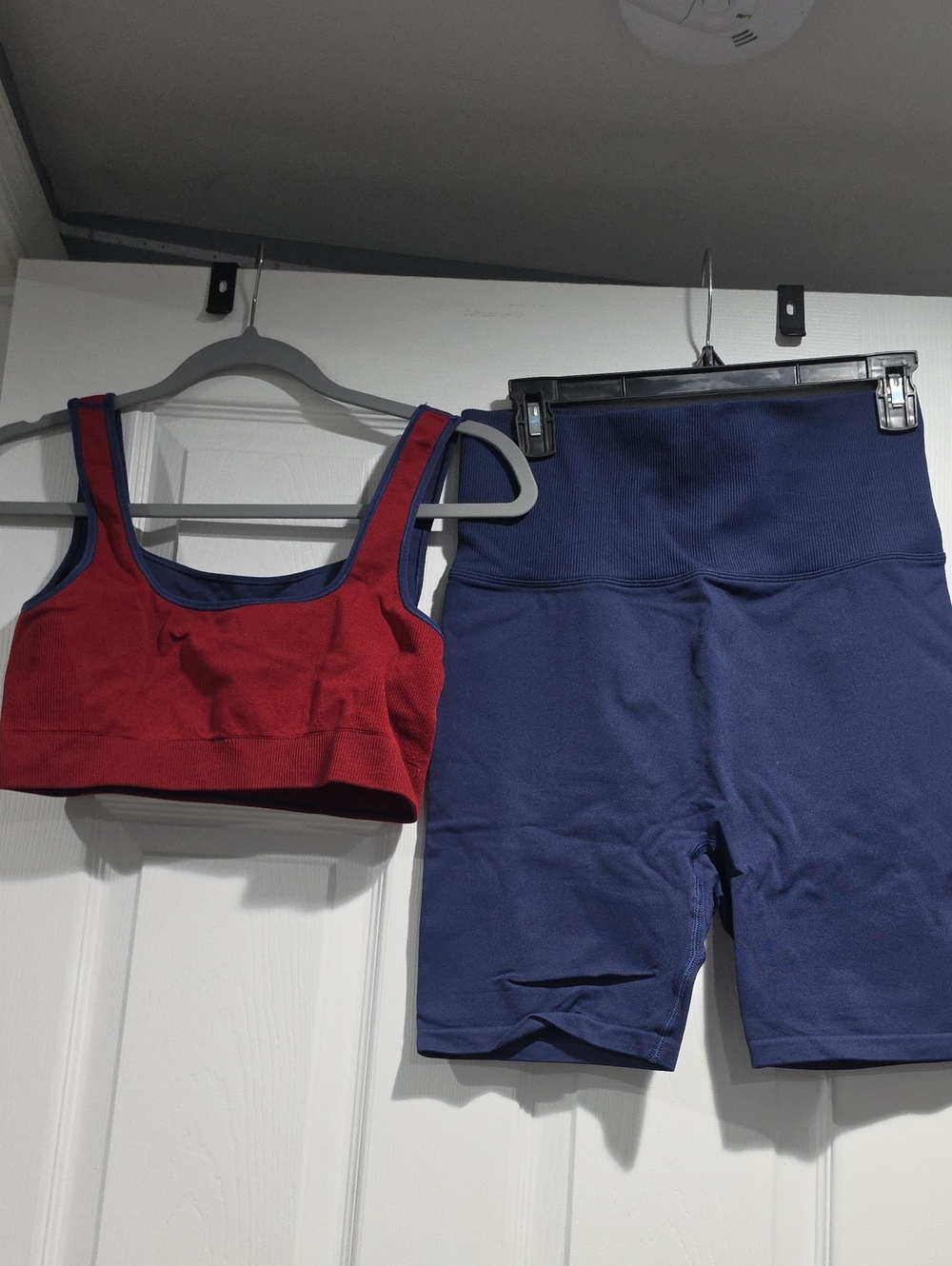 PINK Victoria's Secret Red Sports Crop Top with Navy High-Waist Bike Shorts